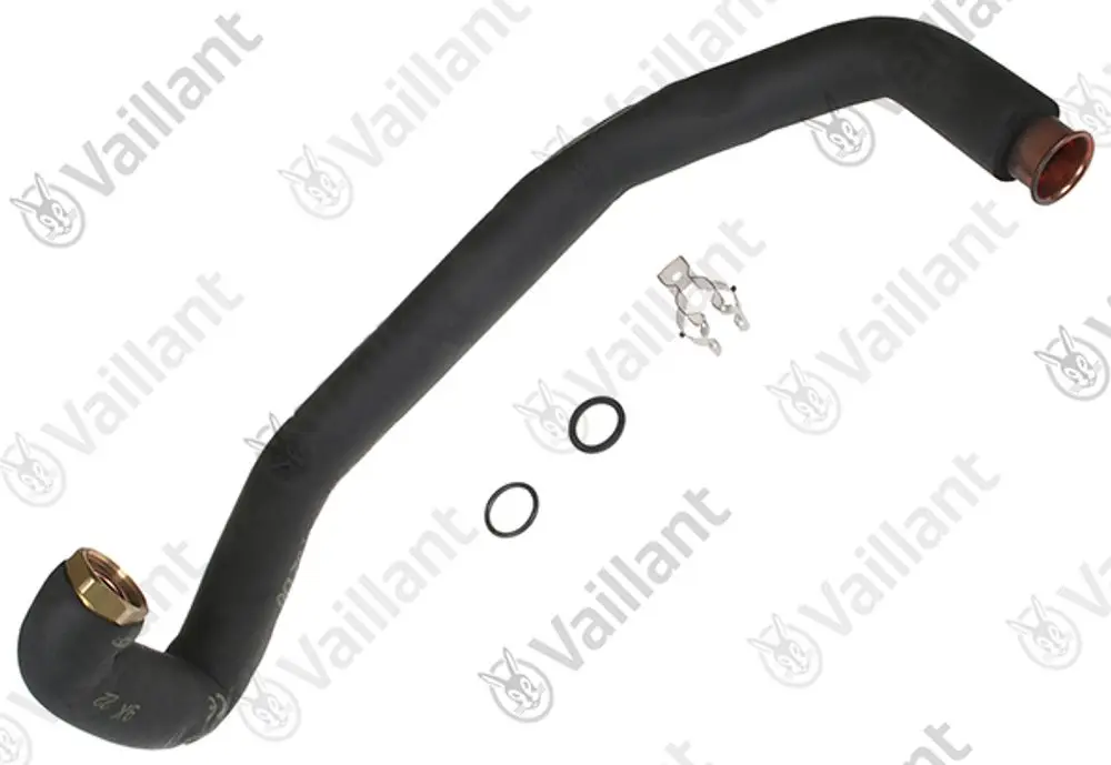 Vaillant Rohr mit gebogenem Ende, Verbindungselemente und Dichtungen. Produkt in schwarzem Material, geeignet für Heizungs- oder Warmwasseranlagen.